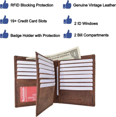 Miniatura 3 de Marshal Cartera plegable de cuero genuino con bloqueo RFID para hombres ranuras para tarjetas 2 compartimentos para billetes ventanas