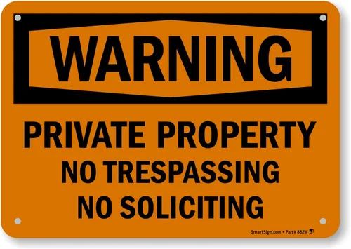 SmartSign - S-7371-AL-10 Señal "Advertencia - Propiedad Privada, No Trespassing, No Soliciting" | 7" x 10" Aluminio Negro sobre Naranja