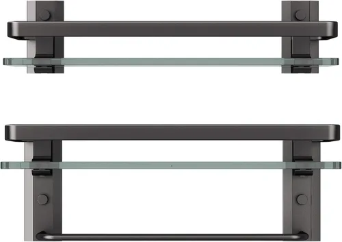Miniatura 4 de Danpoo Estantes de baño montados en la pared, estante de vidrio templado transparente con toallero, soporte para toallas de mano (negro mate)