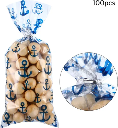 Miniatura 3 de Blulu 100 bolsas de celofán con anclajes náuticos, regalo de fiesta, bolsas de golosinas náuticas sellables con 100 lazos de regalo para cruceros