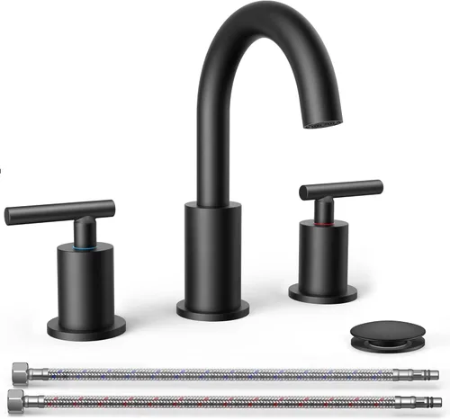 FORIOUS Grifos de baño negros de 3 agujeros, 2 manijas de 8 pulgadas, grifo de tocador negro mate generalizado, 3 agujeros con boquilla giratoria de
