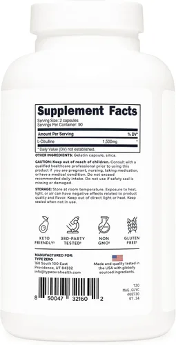Miniatura 4 de Type Zero Cápsulas de L-citrulina (180 cápsulas) (1500 mg por porción), sin OMG
