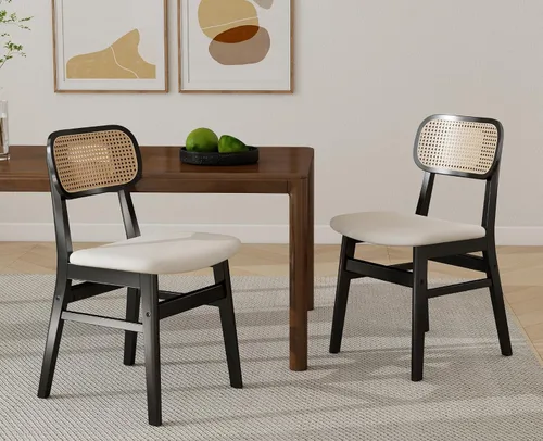 Juego de 2 sillas de comedor de ratán Shunzhi, sillas de comedor de granja de madera negra con respaldo de mimbre, sillas de comedor modernas de