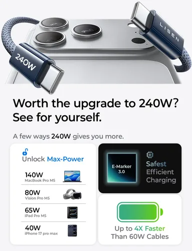 Miniatura 2 de LISEN Cable USB C, 10 pies/paquete de 2 unidades/medianoche