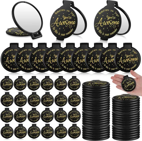 Huwena 100 piezas de espejo compacto inspirador a granel, mini regalos para mujer, espejo redondo de bolsillo, regalos de agradecimiento para Negro