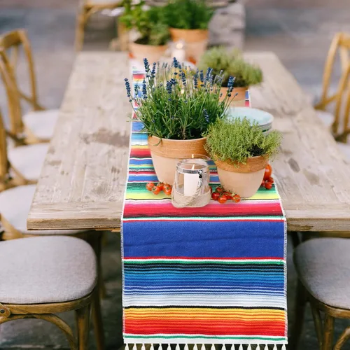 Miniatura 5 de Moukeren 16 caminos de mesa de serape mexicano, 14 x 84 pulgadas, arco iris, bohemio, con flecos, de algodón, decoración de fiesta temática mexicana
