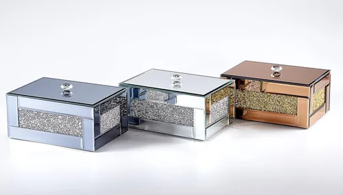 Miniatura 9 de BANQLE Caja de joyería caja de reloj organizador de maquillaje con espejo para tocador caja de tocador de cristal diamante triturado plateado