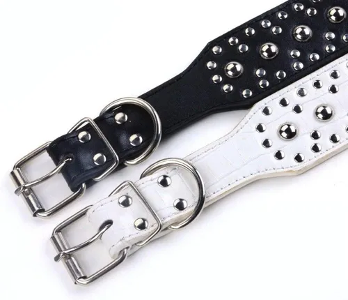 Miniatura 3 de Serijoars Collar de cuero de 2 pulgadas de ancho, collar resistente con tachuelas, ajustable para perros medianos y grandes (M, negro)