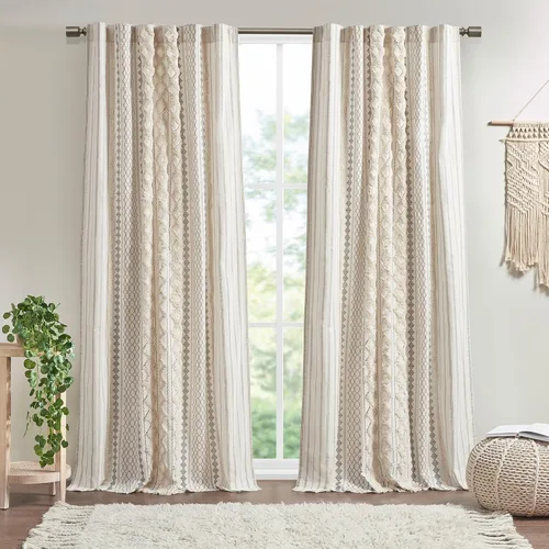Miniatura 11 de INK+IVY Cortinas Boho para Dormitorio PANEL ÚNICO Cortinas de Ventana para Sala de Estar, 100% Algodón con Rayas de Chenilla Copetuda Estilo Granja