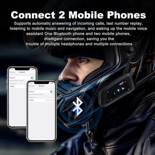 Miniatura 4 de MIMIRACLE V6 Pro - Auriculares Bluetooth para motocicleta, intercomunicador para casco de 6 ciclistas 800M Intercom Range, Dual Phone Pairing, CVC