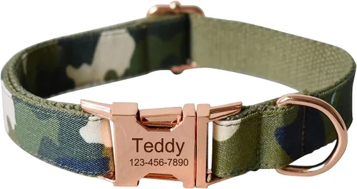Collares de perro personalizados para cachorros pequeños, medianos y grandes con nombre y número de teléfono grabado (L, Camuflaje)