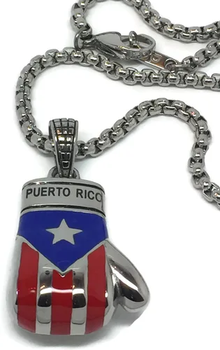 Colgante de guante de boxeo con bandera puertorriqueña con caja de 24 pulgadas, collar de cadena de acero inoxidable enlazado para hombres (rojo y