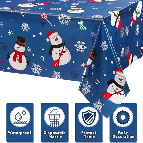 Miniatura 4 de Irenare 1 pieza de mantel de Navidad con muñeco de nieve de invierno, cubierta de mesa de muñeco de nieve de plástico desechable con copo de nieve
