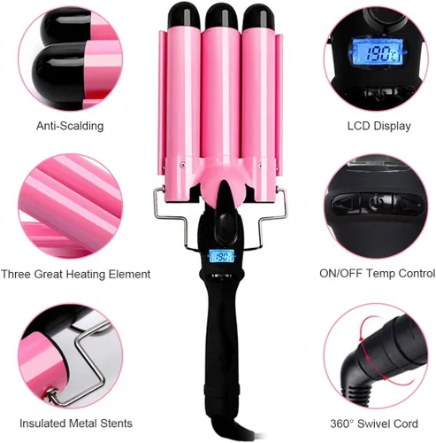 Miniatura 3 de Plancha rizadora de 3 barriles de cerámica con pantalla LCD y herramienta de doble voltaje para mujeres, ondas de playa con temperatura ajustable