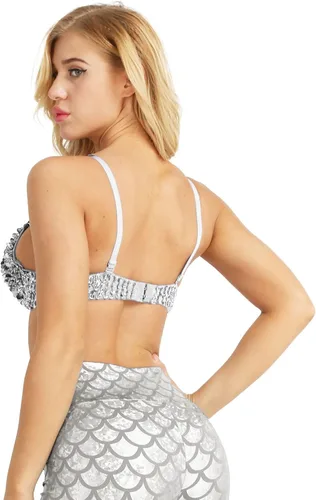 Miniatura 20 de Sujetador de disfraz de danza del vientre brillante para mujer, con lentejuelas, para baile rave, fiesta, club
