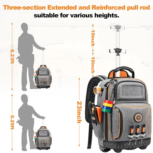 Miniatura 5 de Mochila de herramientas con rueda, mochila de herramientas rodante para electricistas, bolsa de herramientas resistente con rueda para trabajo