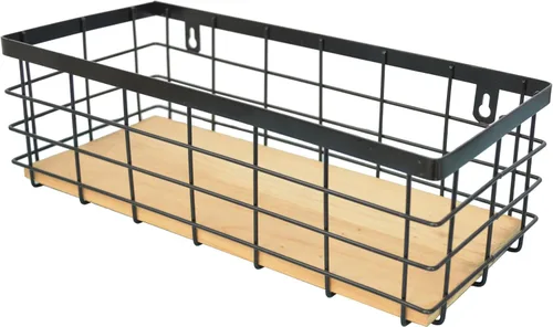 Miniatura 8 de ShabbyDecor Cesta de alambre de metal, base de madera desmontable, organizador de almacenamiento, cesta colgante para armarios de cocina, baño, Negro