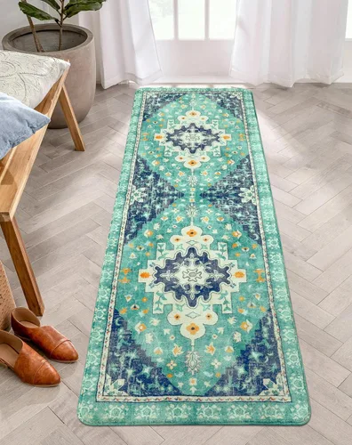 Miniatura 20 de Uphome Alfombra de baño vintage, azul, bohemio, antideslizante, oriental, suave, lavable a máquina, lindas alfombras de baño tribales florales