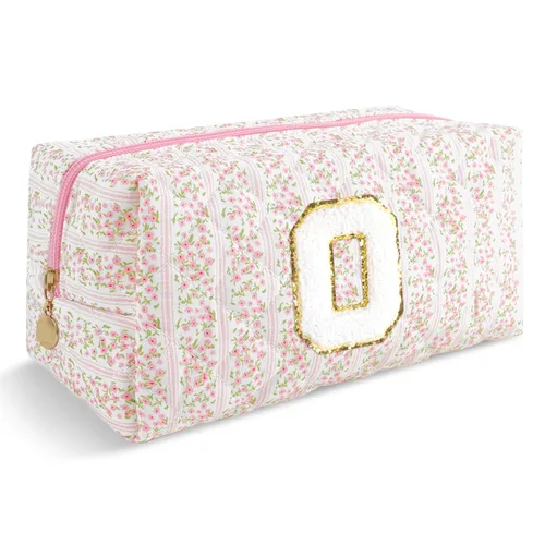 Miniatura 95 de Pequeña bolsa de maquillaje personalizada con inicial A-Z Preppy Patch, bolsa de cosméticos de viaje de felpilla blanca con cremallera, bonita bolsa