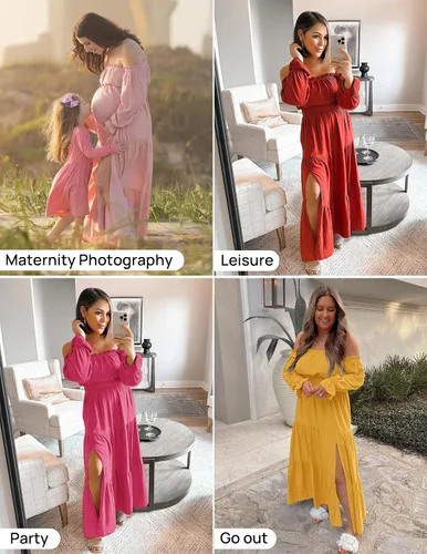 Miniatura 7 de ZESICA - Vestido largo, bohemio y sexy, con hombros descubiertos y manga larga fruncida, con elástico fruncido, cintura alta y abertura lateral