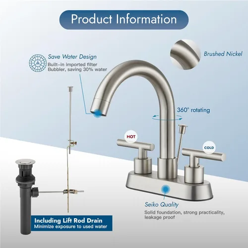 Miniatura 7 de Grifo central de lavabo de baño de 4 pulgadas, 3 agujeros, 2 asas, grifos de baño con varilla de elevación, tapón de drenaje, grifo de tocador