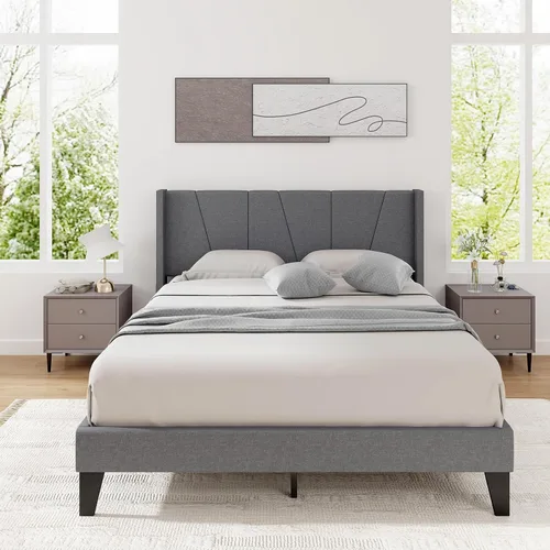 Miniatura 4 de KOMFOTT Base de cama tapizada tamaño Queen con cabecera con respaldo de ala, plataforma moderna con soporte de listones de madera, base de colchón