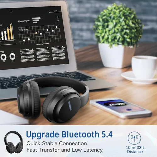 Miniatura 4 de AMORNO Auriculares Bluetooth sobre la oreja, 68 horas de reproducción, auriculares inalámbricos con micrófono, auriculares estéreo HiFi plegables
