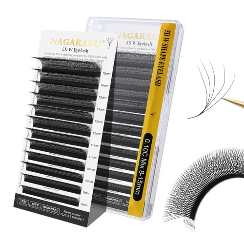 Miniatura 64 de NAGARAKU Extensiones de pestañas Double Tips 4D W, suministros con puntas dobles, gruesas con rizado D de 0.07 mm, bandeja mixta 8-15 mm, 0.07-D