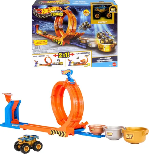 Set de Camiones Juguetes Hot Wheels Monster Trucks y Pista, Juego de Desafío de Trofeo con Bucle y Volteó & Camión Bigfoot Aniversario 50 a Escala