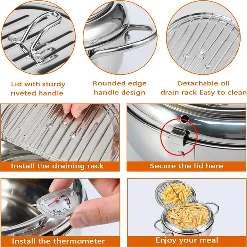 Miniatura 3 de Olla para freír, 2 cuartos de galón/8.2 pulgadas, freidora pequeña de acero inoxidable 304, mini freidora con termómetro, tapa, escurridor de aceite