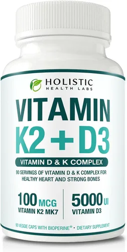 Miniatura 9 de Vitamina K2 + D3 de absorción máxima (5000UI), 90 cápsulas vegetales de MK-7 (Menaquinona-7) y colecalciferol (con BioPerina) Suministro de 3 meses