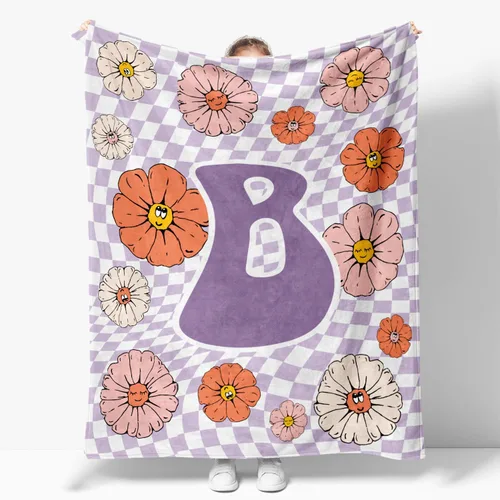 Manta retro de los años 70 con inicial B floral a cuadros, groovy abstracta estética, manta de franela suave personalizada, regalos con monograma