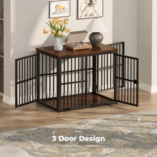 Miniatura 3 de Lyromix Mueble de jaula para perros de 33 pulgadas con 3 puertas, mesa auxiliar de jaula de madera resistente para cachorros de interior para perros