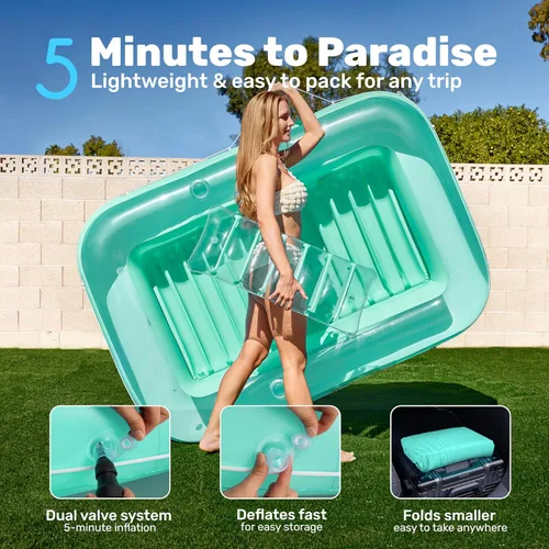 Miniatura 6 de SLOOSH Flotador inflable, camastro para adultos, con almohada, 178 x 117 cm, 4 en 1: balsa-tina bronceadora, camastro para tomar el sol, fiestas Cian