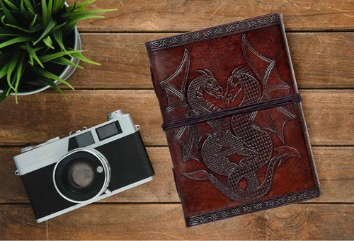 Miniatura 7 de AzureGreen Libro de páginas en blanco de doble dragón hecho a mano de piel para escribir sin forro 5 x 7 (marrón)