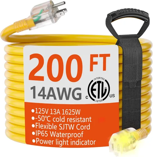 Miniatura 71 de HUANCHAIN Cable de extensión para interiores y exteriores, 50 pies, impermeable, calibre 16/3, flexible, resistente, cable de extensión para Amarillo