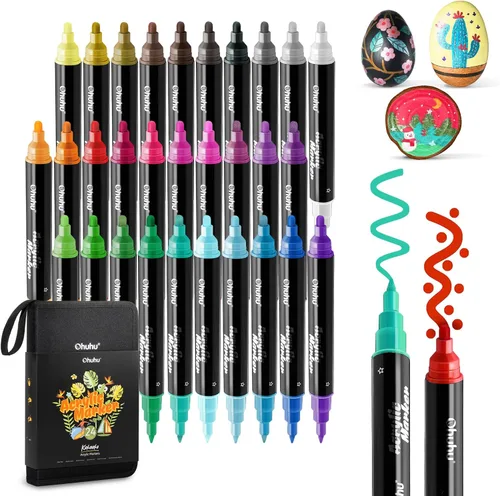Ohuhu Bolígrafos de pintura acrílica, 30 colores: puntas dobles (redondas y finas), marcadores acrílicos de alta opacidad, resistentes al agua,