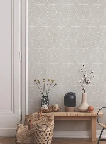 Miniatura 3 de Simple Shapes Papel tapiz con diseño geométrico de líneas Art Deco hexagonales, despegar y pegar (una sola hoja, 2 x 9 pies, gris cálido)