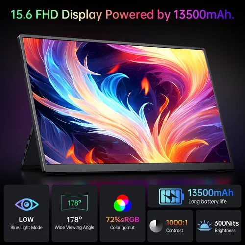 Miniatura 2 de Monitor portátil de 15.6 pulgadas FHD 1080p con batería integrada de 13500 mAh, soporte y altavoces, monitor de viaje externo HDMI USB C