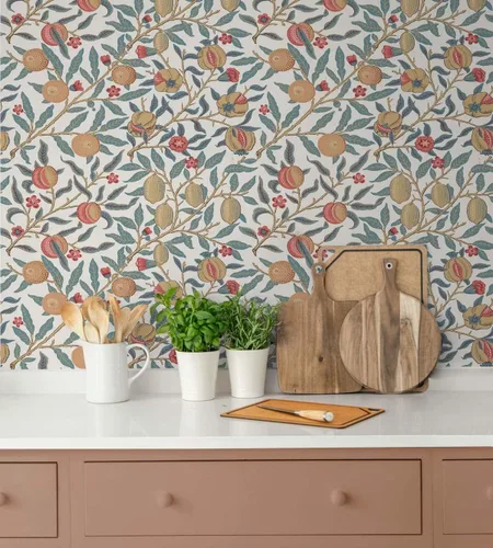 Miniatura 6 de NextWall Papel tapiz vintage de granada (azul piedra lunar y ocre claro)