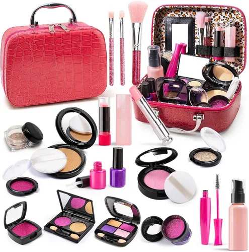 Juego de maquillaje de simulación para niñas de 3 a 8 años, kit de maquillaje para niños pequeños para juego de tocador, juguetes lavables de