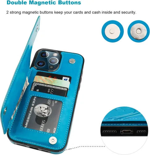 Miniatura 7 de Vaburs Funda compatible con iPhone 13 Pro Max con tarjetero y diseño de mariposa en relieve, de piel sintética, doble botón, a prueba de golpes, Azul
