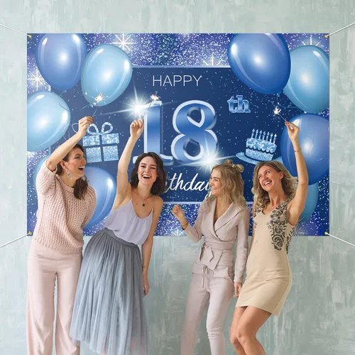 Miniatura 4 de Cartel de fondo de feliz cumpleaños 18 años, decoración azul – Dot Glitter Sparkle 18 años de edad, decoración temática de fiesta de cumpleaños