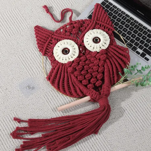 Miniatura 5 de MVSUTA Owl Burgundy Cotton Handmade Macrame Wall Hanging Tapestry Home Decor Art and Red Craft Wonderful Decoration Woven Boho Ornament for Office