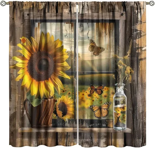 Miniatura 20 de Cortinas opacas con diseño de girasol, rústico, con diseño de girasol, mariposa, verde, amarillo, negro, para niñas, mujeres, dormitorio, sala