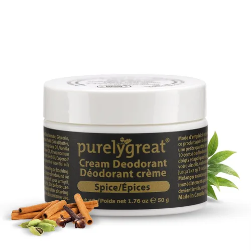 Purelygreat Spice Desodorante en crema perfumada para mujeres y hombres, desodorante sin aluminio, para mujeres y hombres, control de olores vegano