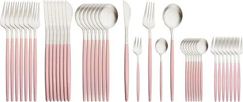 JASHII Juego de 40 cubiertos de color rosa mate y plateado, juego de cubiertos de acero inoxidable para 8, incluye cucharadas de tenedor para Rosa y