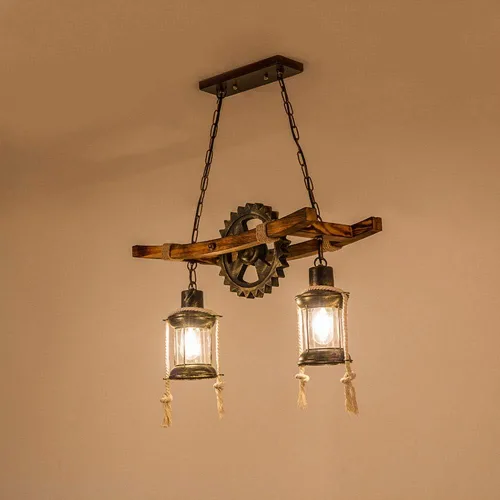 Miniatura 4 de Lámpara colgante industrial retro de 2 cabezales, con forma de engranaje de granja, personalidad creativa única, lámpara de isla de techo vintage