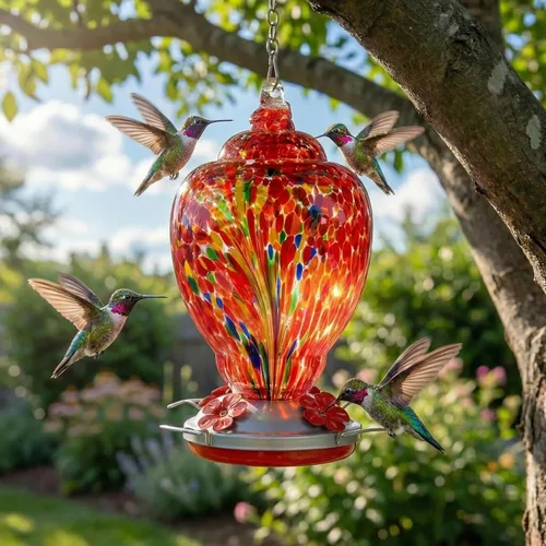 Miniatura 3 de WOSIBO Comedero para colibríes de exterior, grande, 32 onzas, diseño colorido de vidrio soplado, gancho para colgar, foso de hormigas, cuerda