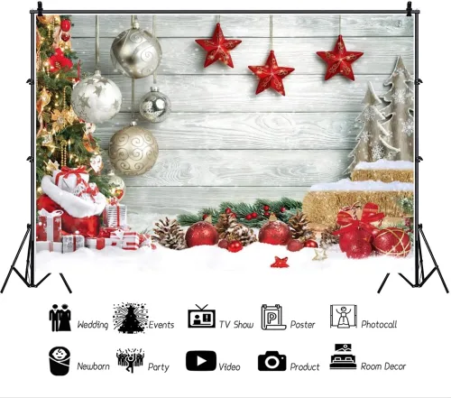 Miniatura 3 de Leowefowa Fondo de vinilo de 5 x 3 pies para fotos de Navidad, piso de madera blanca, copo de nieve, fondo de fotografía de árbol de Navidad, Año